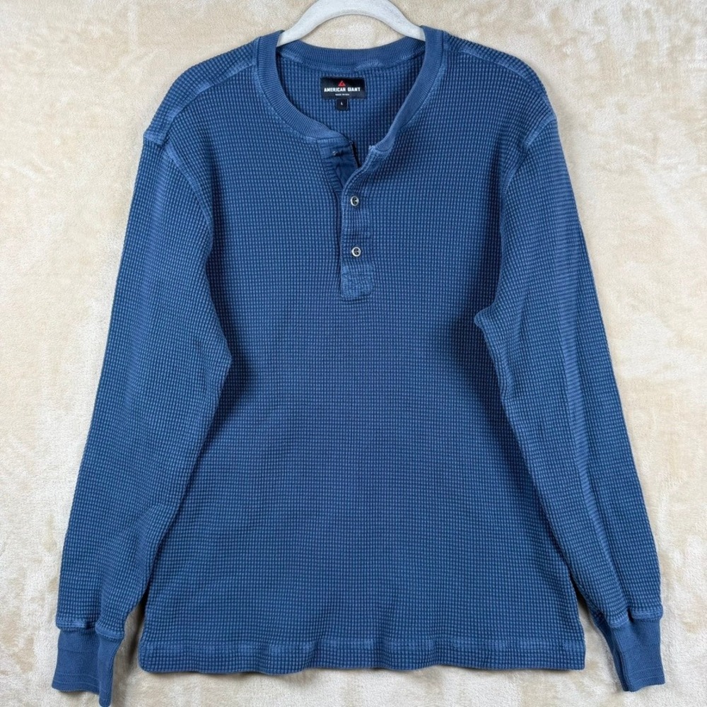 American Giant Mens L Blue Waffle Knit Henley Long Sleeve Thermal Shirt Classic